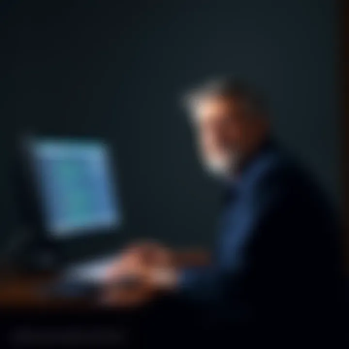 Hal Finney with a computer Hal Finney sitting at a desk with a computer, symbolizing his role in Bitcoin's history and development while battling ALS.