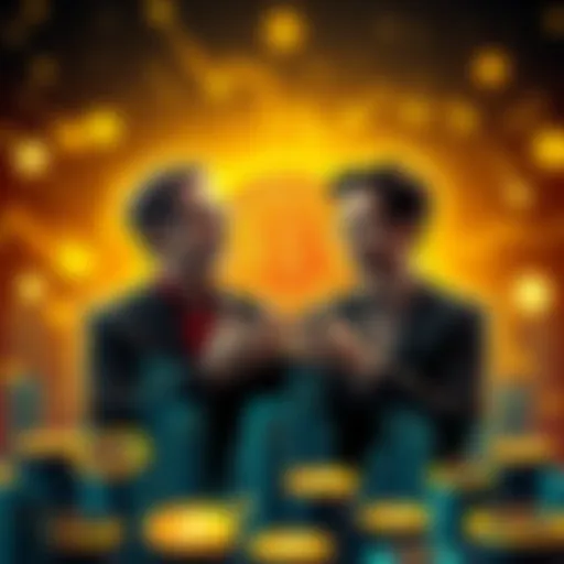 A representation of two individuals discussing Bitcoin's origins, surrounded by crypto symbols and charts, symbolizing their contributions to the cryptocurrency world.