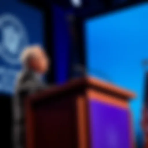 Halifax International Security Forum president at a podium discussing concerns over Trump's influence on midterms