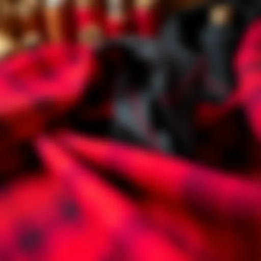 A close-up view of beautifully hand-dyed red and black molted fabric, showcasing unique patterns and textures, with spools of thread in the background.