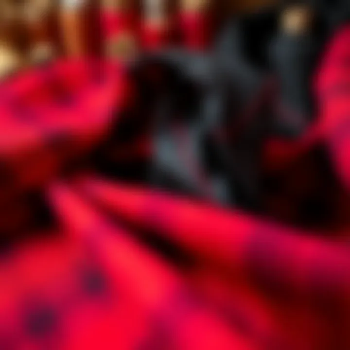 A close-up view of beautifully hand-dyed red and black molted fabric, showcasing unique patterns and textures, with spools of thread in the background.