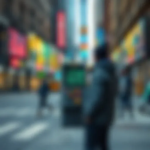 A person stands on a busy New York City street, operating a portable NFT minting machine with colorful buttons. Unique digital art appears on the screen as a passerby watches.