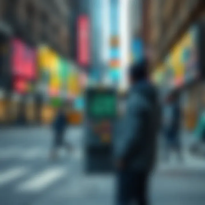 A person stands on a busy New York City street, operating a portable NFT minting machine with colorful buttons. Unique digital art appears on the screen as a passerby watches.