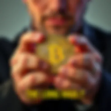 A person holding a Bitcoin with a confident expression, symbolizing trust in cryptocurrency for the long term.