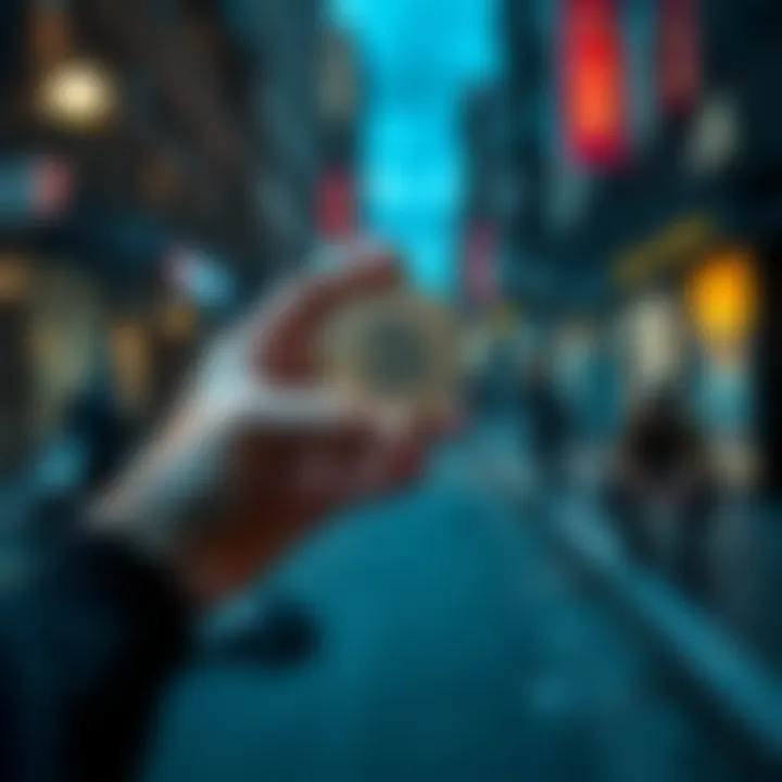 Hands holding cryptocurrency Hands holding a Bitcoin with a background of a city street where a homeless person sits