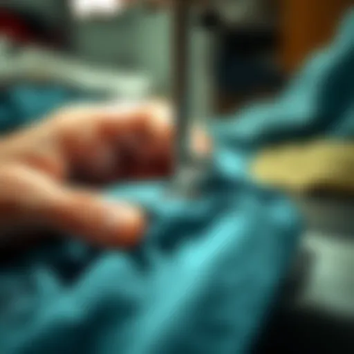 Close-up of hands sewing fabric with a needle, showing a grip technique to manage sweaty fingers.
