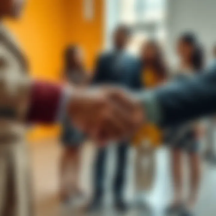 A diverse group of people shaking hands, symbolizing friendship and cultural exchange.