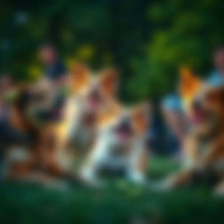 A group of joyful dogs at the park sharing Greenies treats with their owners