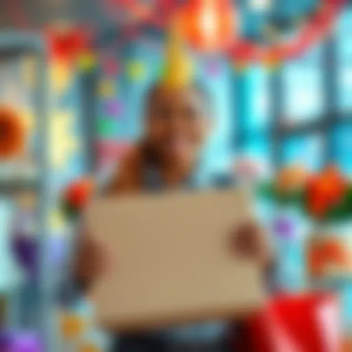 A joyful shopper holding a delivery box with a big smile, surrounded by colorful decorations.