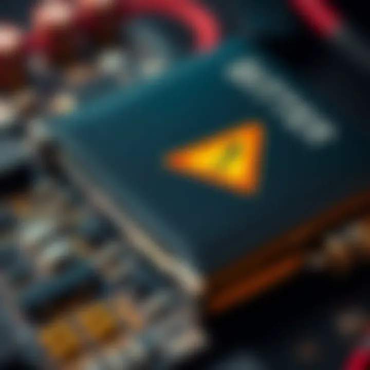 A close-up of a hardware wallet with a warning symbol, illustrating concerns about Bitcoin's offline safety.