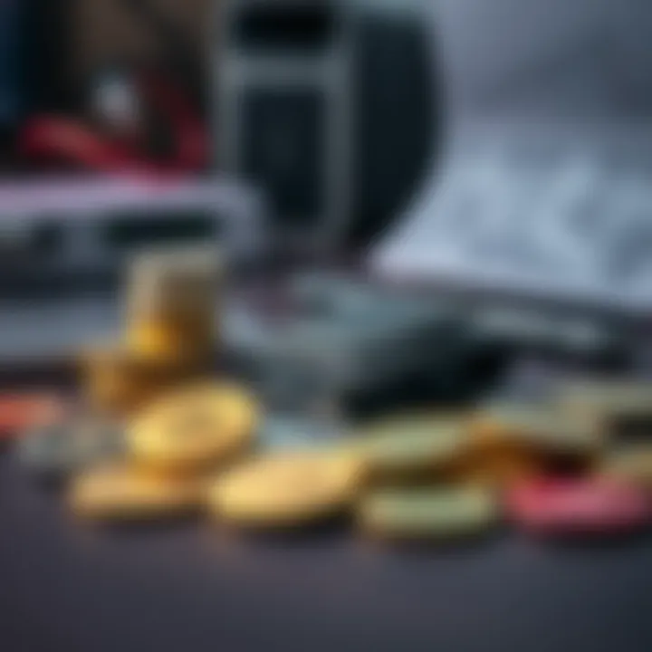 A hardware wallet beside various cryptocurrency coins on a table, symbolizing secure financial assets.