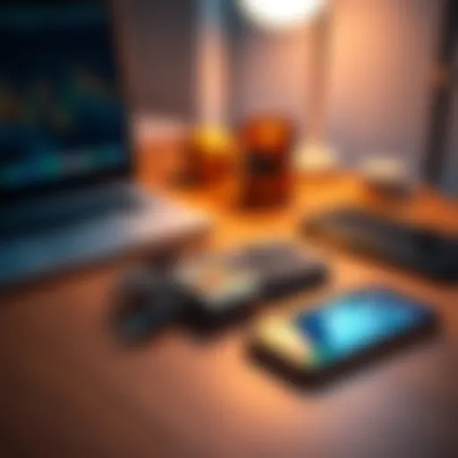 A hardware wallet placed on a wooden desk alongside a laptop and smartphone, showcasing its use for storing Bitcoin safely.