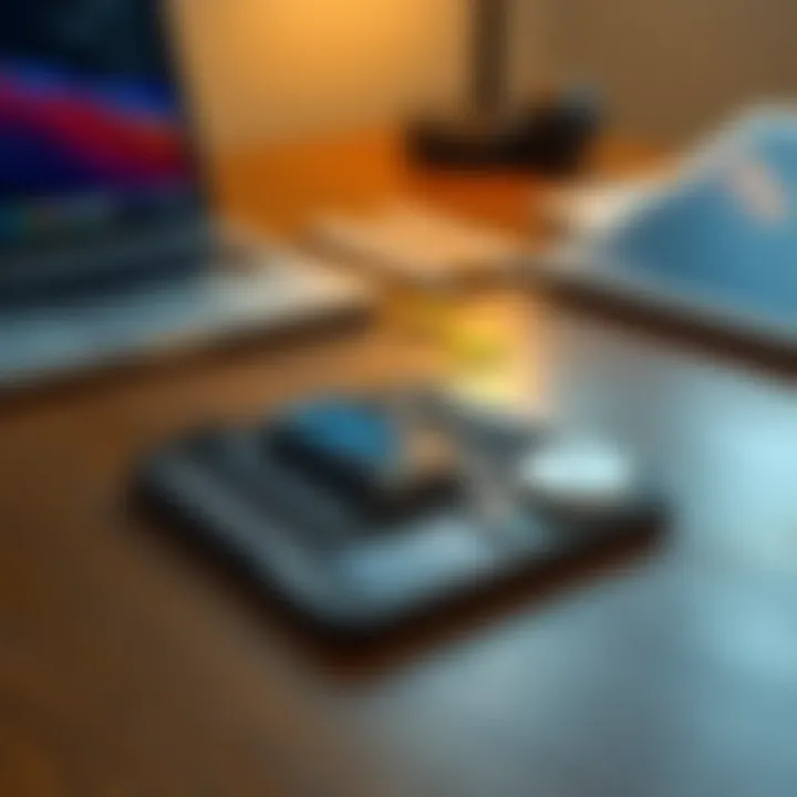 A hardware wallet lying on a wooden table with a laptop and coins in the background, depicting cold storage for cryptocurrency.