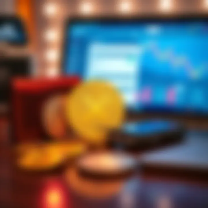 A hardware wallet next to XRP coins and a laptop showing a cryptocurrency platform