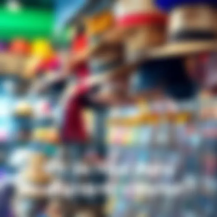 A vibrant display of various styles of hats in a retail store, attracting customers with eye-catching designs.