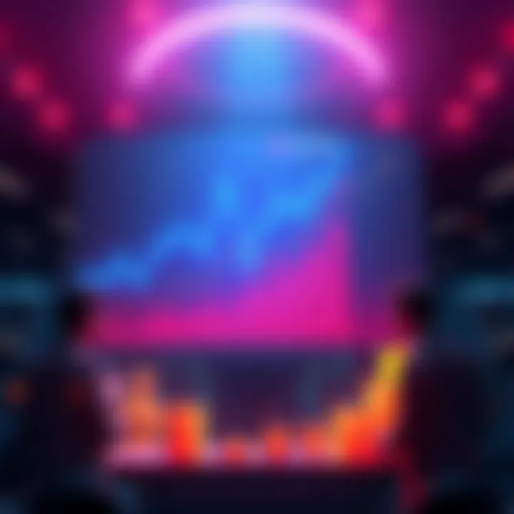 A chart showing Hedera's adoption rates against its price movement, with people discussing its economic impact in the background.