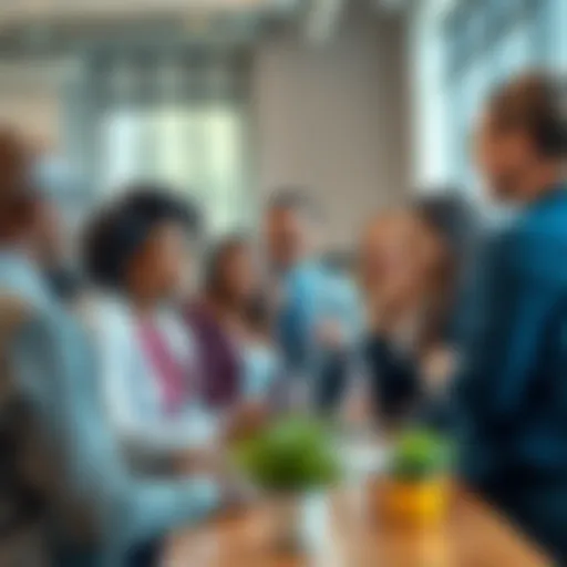 A diverse group of people discussing health insurance options in an office setting.