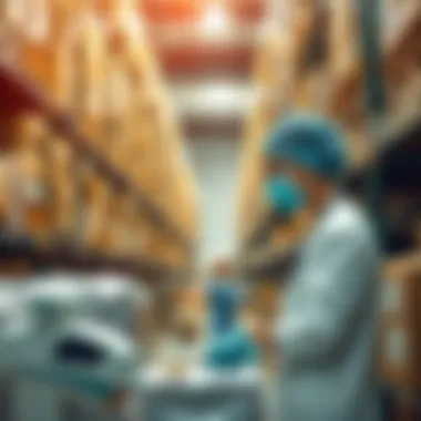 A healthcare worker checks medical supplies in a well-organized supply chain warehouse, symbolizing trust and security in healthcare during the pandemic.