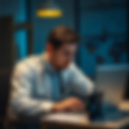 A distressed healthcare worker sitting at a desk with a laptop, looking worried about trading losses while managing a busy schedule