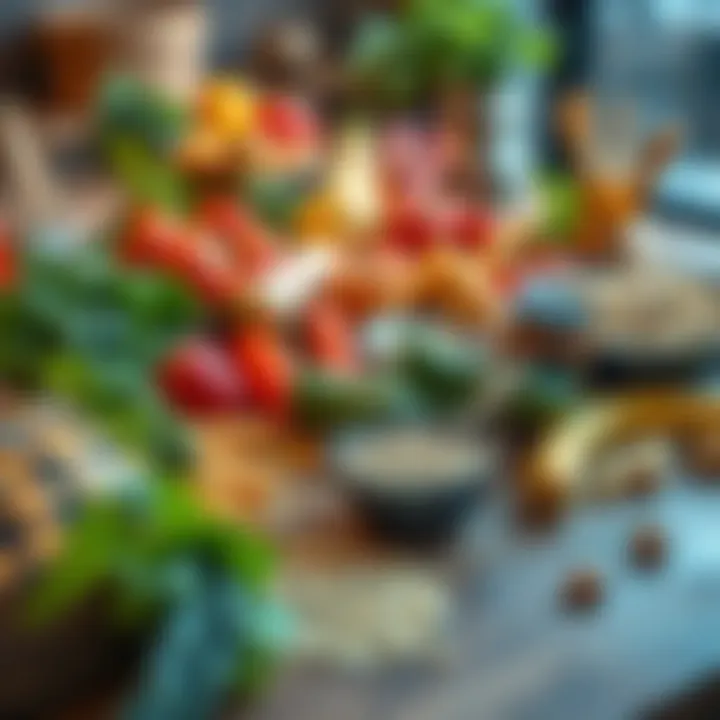 A colorful selection of healthy foods including fruits, vegetables, and grains on a table