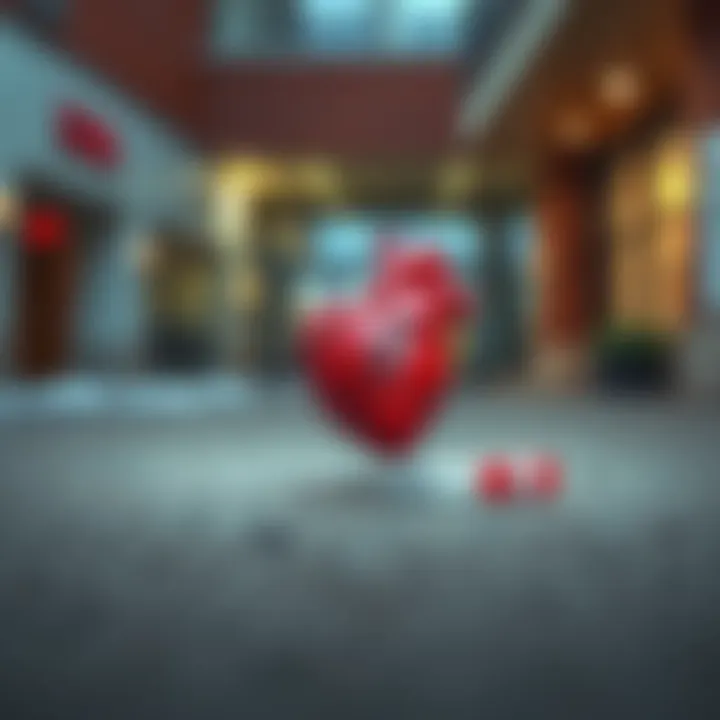 A heart and a hypodermic needle placed on the ground outside UVA hospital, capturing a unique artistic scene.