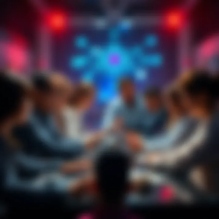 Hedera's Enterprise Vision A diverse group of professionals collaborating on technology projects related to Hedera, symbolizing innovation and resilience in the face of market challenges.