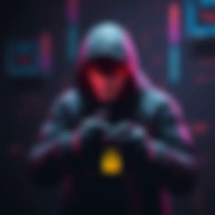 Visual representation of a digital thief stealing cryptocurrency assets from Hedera, with a dark background and glitch effects.