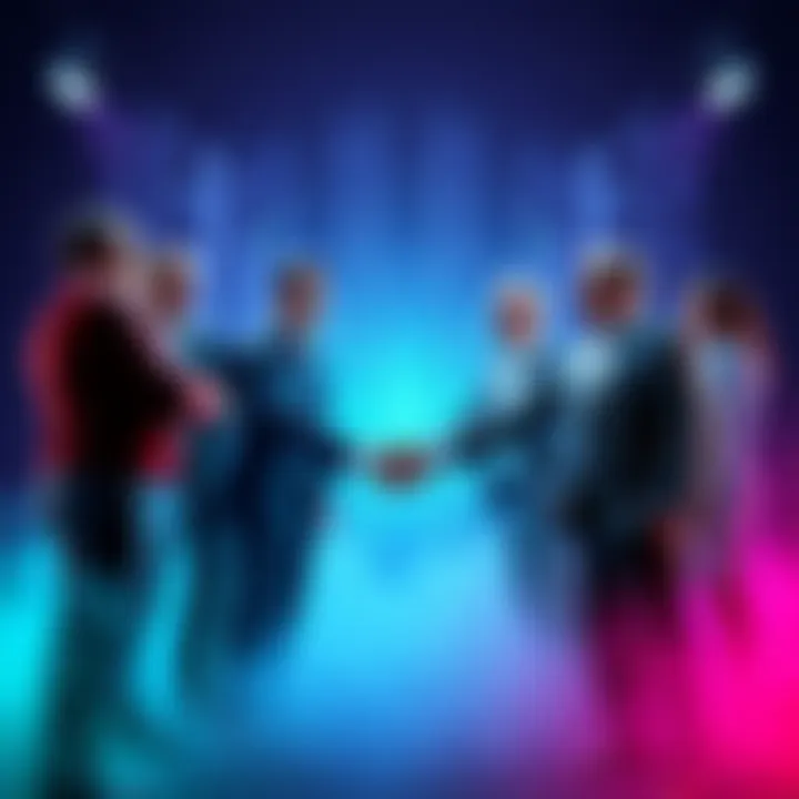 Hedera Council Collaboration Members of the Hedera Council shaking hands with representatives from HalbornSecurity, hashpack, HashgraphOnline, and Genfinity, symbolizing a partnership for technology adoption.