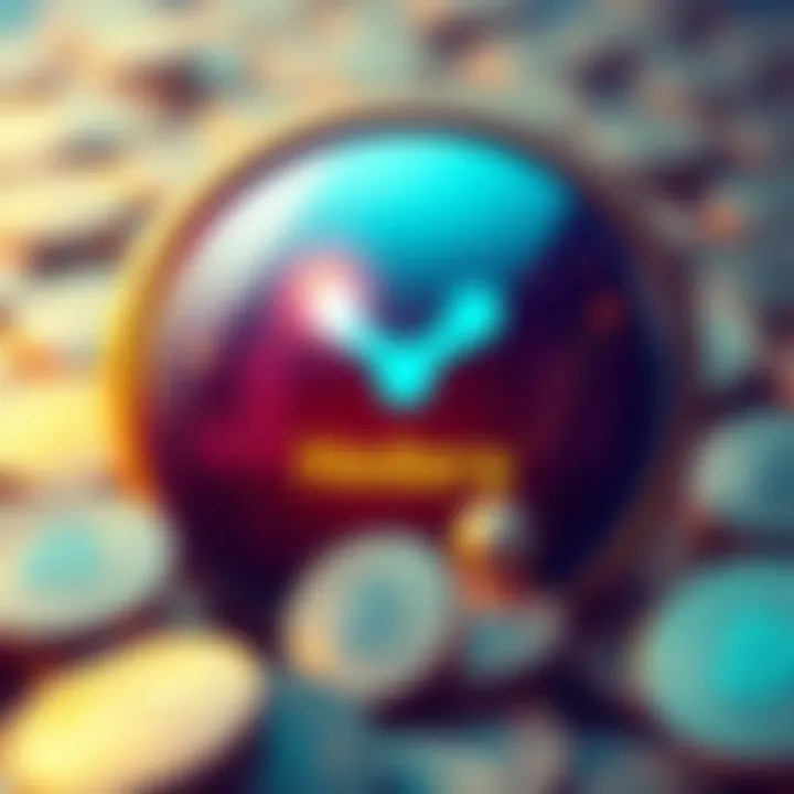 Illustration showing the Hedera logo surrounded by graphs depicting financial stability, with a background of coins and tokens representing HBAR.