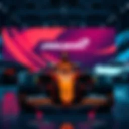 Hedera and McLaren F1 logo display at Davos event with cars in the background