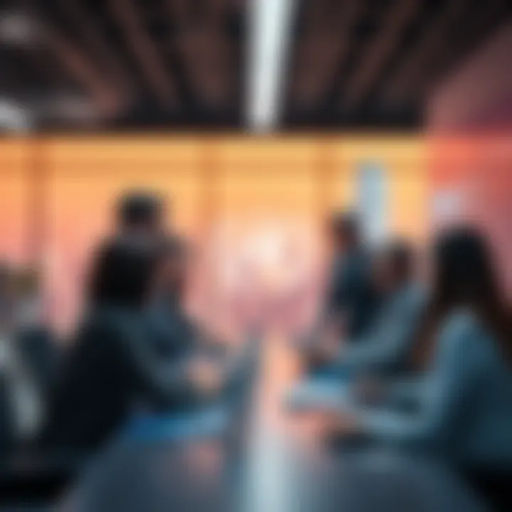 Hedera and United Nations representatives discussing ESG solutions with Hedera Guardian technology in a modern office setting.