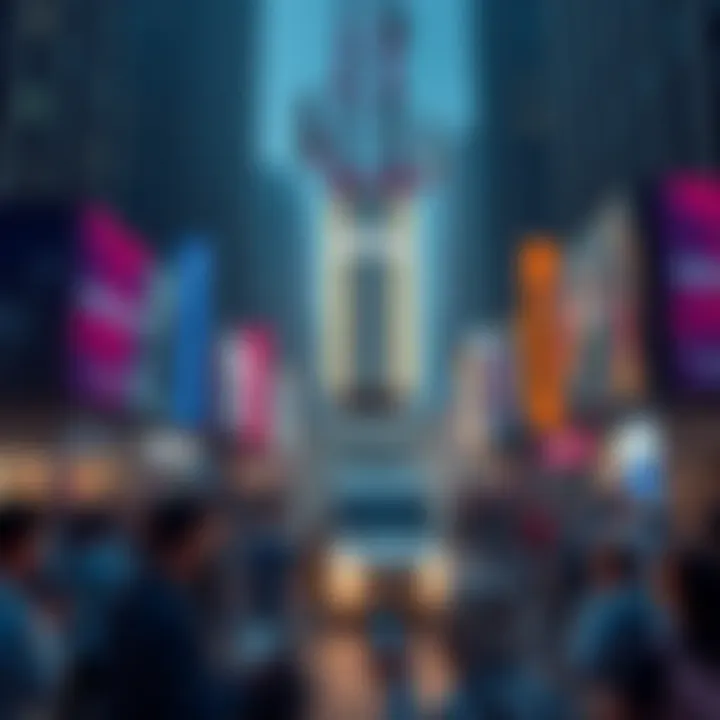 A visual representation of a cell tower with Helium branding, surrounded by people using devices in a busy urban setting, showcasing enhanced connectivity in high-traffic areas.