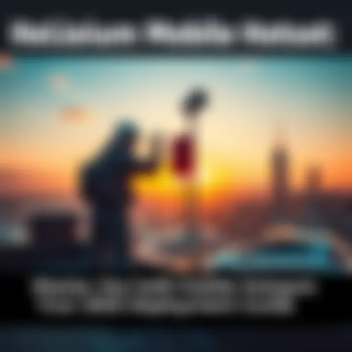 A person installing a Helium Mobile Hotspot on a rooftop, with a city skyline in the background