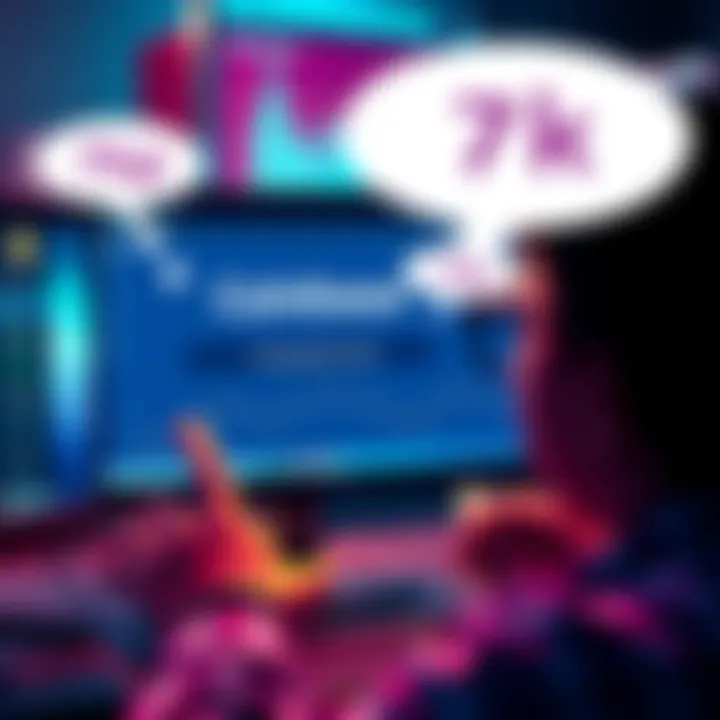 Help with Coinbase Transaction Limit A person looking at a computer screen showing Coinbase, with a focus on a 7k transaction limit message and conversation bubbles for discussion.