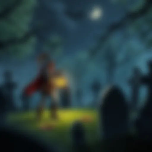 A brave hero stands in a dark graveyard filled with spooky tombstones and eerie shadows, holding a lantern to light the path.