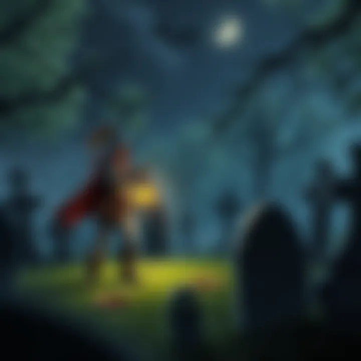 Hero in Graveyard at Night A brave hero stands in a dark graveyard filled with spooky tombstones and eerie shadows, holding a lantern to light the path.