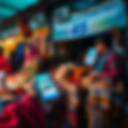 A person using a smartphone at a market to send money through HesabPay, with digital wallets visible on the screen.