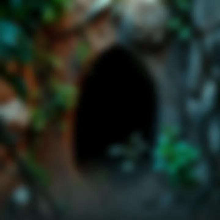 An entrance to a secret hideout covered with vines and dirt, suggesting it has been untouched for a long time.