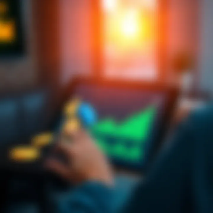 A person holding a tablet displaying stablecoins and cryptocurrency graphs with upward trends, symbolizing financial growth and investment.