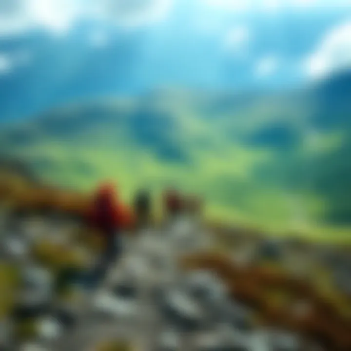 A group of hikers with backpacks trekking down the rocky path from Scafell Pike to Great Moss, showcasing the rugged terrain and lush greenery