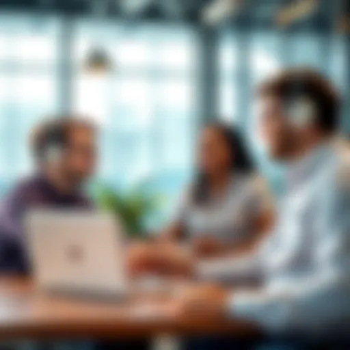 A team of people discussing strategies for hiring developers in a modern office setting, focusing on DeFi and protocol projects.