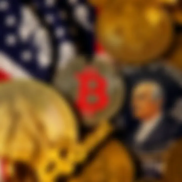 Collage of symbols representing slavery, the Gilded Age, and the Great Depression against a backdrop of gold coins and Bitcoin logos.