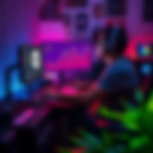 A person sitting at a desk with a computer and mining equipment, tracking mining statistics on the screen, looking determined and focused.