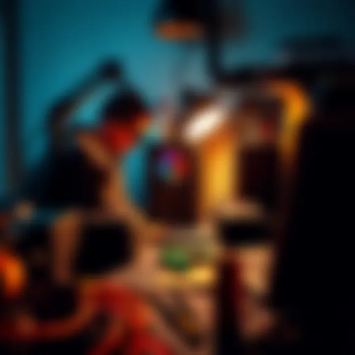 A hobbyist miner setting up mining equipment at home, with parts and tools spread out, showcasing a personal touch in the mining process.