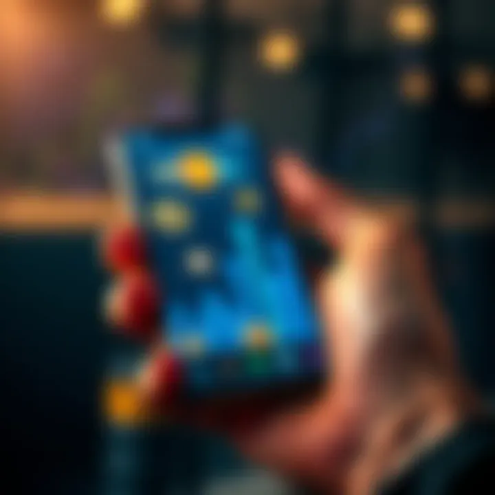 A person holding a smartphone with cryptocurrency symbols and upward arrows, representing the HODL strategy.