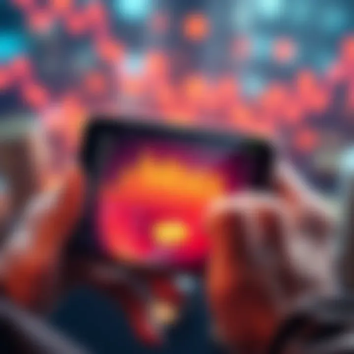 A person holding a smartphone with cryptocurrency charts on the screen, surrounded by coins and a bullish market trend graphic.