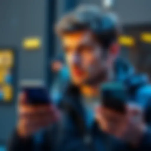 A person looks thoughtfully at a hardware wallet while holding a smartphone, symbolizing the decision to sell or hold cryptocurrency.