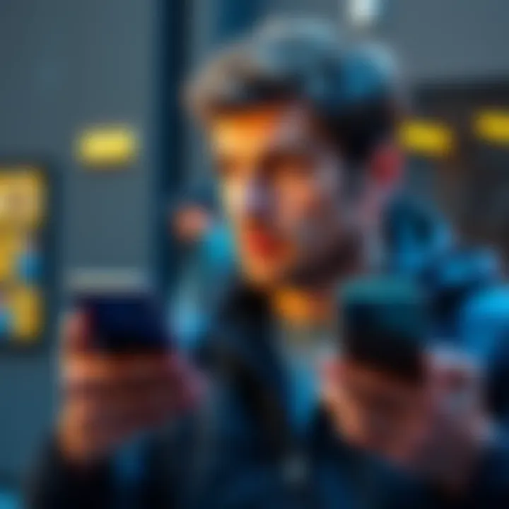 A person looks thoughtfully at a hardware wallet while holding a smartphone, symbolizing the decision to sell or hold cryptocurrency.