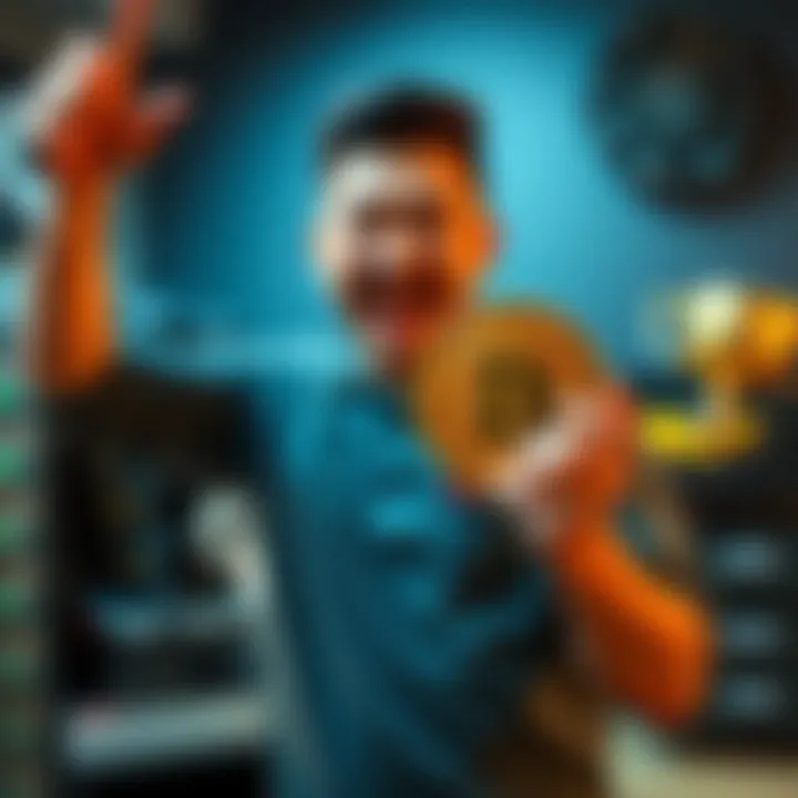A home miner joyfully holding a Bitcoin trophy with a $300 mining machine in the background.