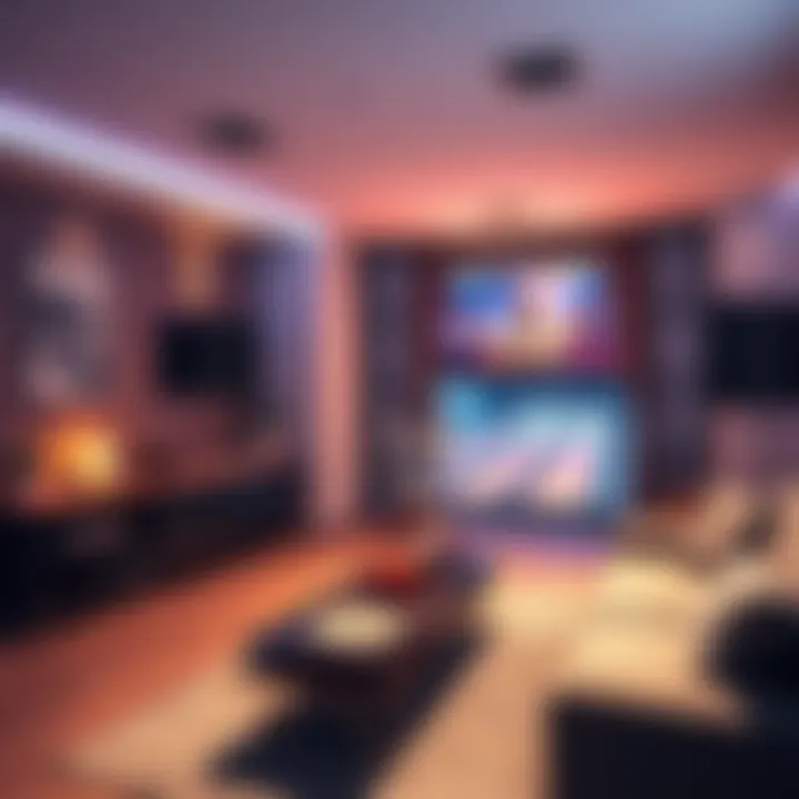 A cozy living room featuring a newly installed home bowling lane with people enjoying a game together